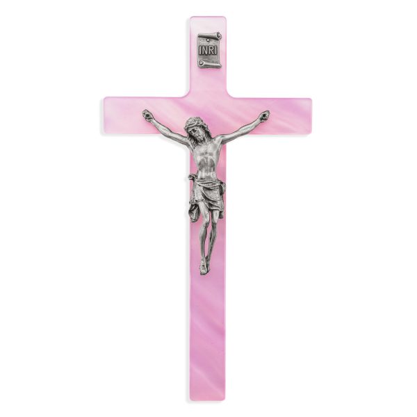 7" Pink Pearlized Crucifix with Genuine Silver Pewter Corpus
