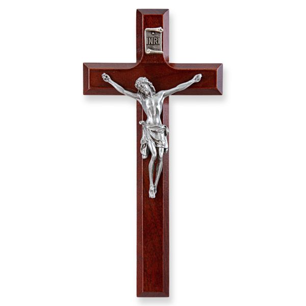 7" Dark Cherry Wood Wall Crucifix with Genuine Silver Pewter Corpus