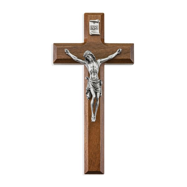 7" Genuine Walnut Wall Crucifix with Genuine Silver Pewter Corpus