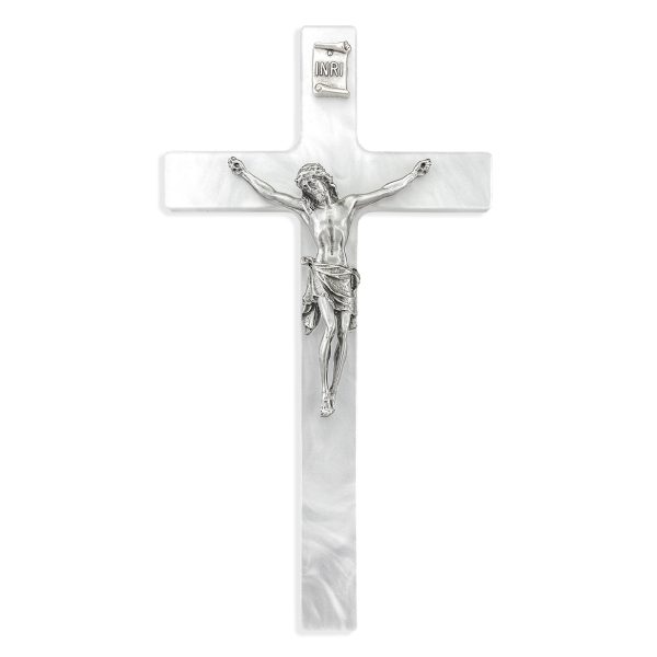 7" White Pearlized Crucifix with Genuine Silver Pewter Corpus