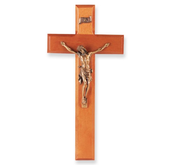 10" Natural Cherry Wood Wall Crucifix with Genuine Bronze Pewter Corpus