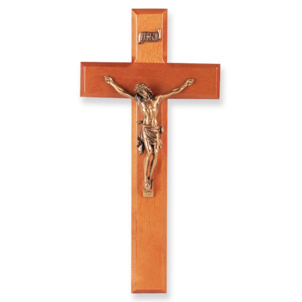 10" Natural Cherry Wood Wall Crucifix with Genuine Bronze Pewter Corpus