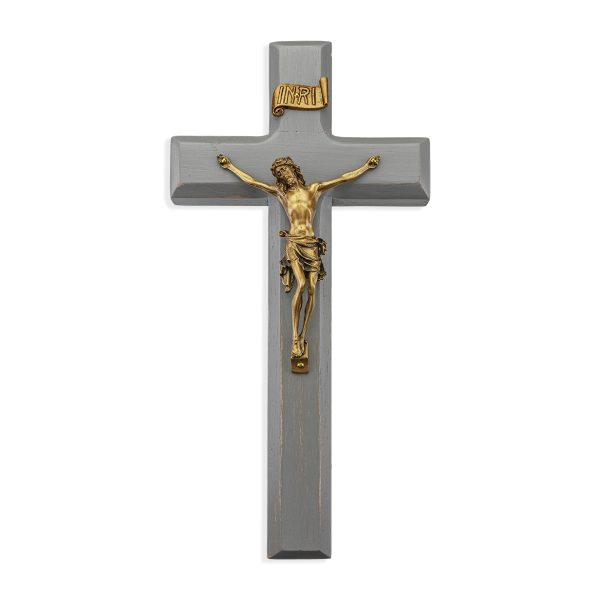 10" Camtry Gray Wood Wall Crucifix with Genuine Bronze Pewter Corpus
