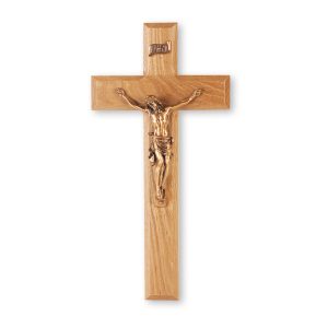10" Oak Wood Wall Crucifix with Genuine Bronze Pewter Corpus