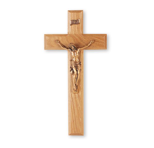 10" Oak Wood Wall Crucifix with Genuine Bronze Pewter Corpus
