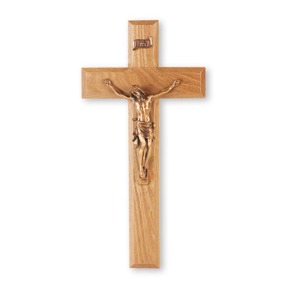 10" Oak Wood Wall Crucifix with Genuine Bronze Pewter Corpus