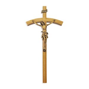 10" Oak Wood Wall Crucifix with Genuine Bronze Pewter Corpus