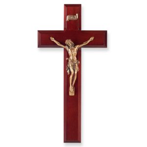 10" Dark Cherry Wood Wall Crucifix with Genuine Bronze Pewter Corpus