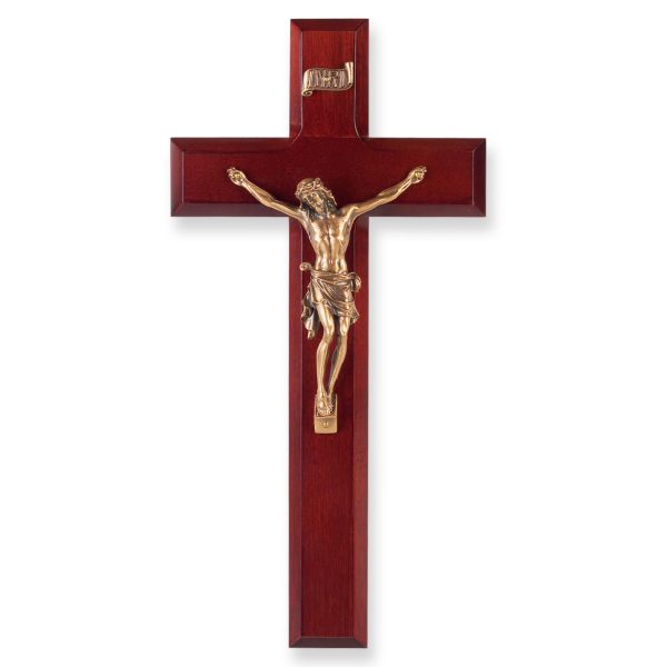 10" Dark Cherry Wood Wall Crucifix with Genuine Bronze Pewter Corpus