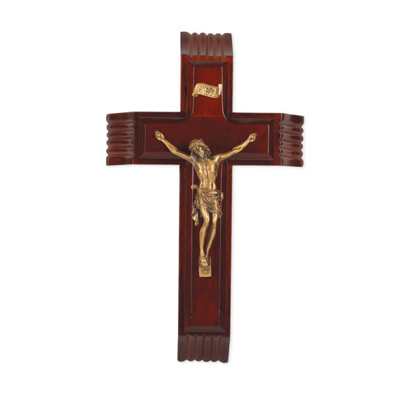 10" Dark Cherry Wood Sick Call Crucifix with Genuine Bronze Pewter Corpus