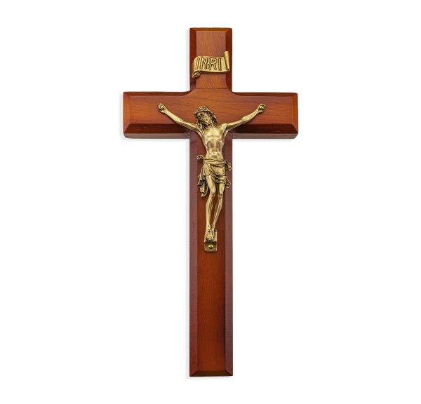 10" Twotone Wood Wall Crucifix with Genuine Bronze Pewter Corpus