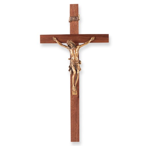 10" Walnut Wood Wall Crucifix with Genuine Bronze Pewter Corpus