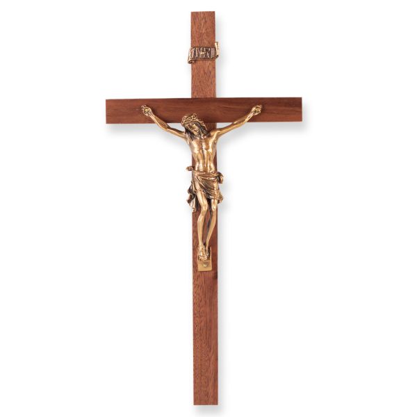10" Walnut Wood Wall Crucifix with Genuine Bronze Pewter Corpus