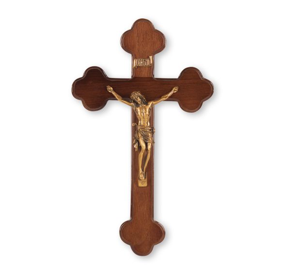 10" Walnut "Latin Style" Wall Crucifix with Genuine Bronze Pewter Corpus