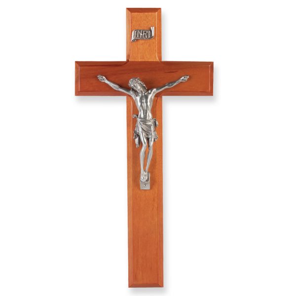 10" Natural Cherry Wood Wall Crucifix with Genuine Silver Pewter Corpus