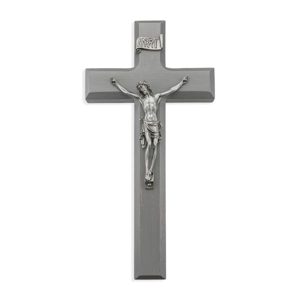 10" Camtry Gray Wood Wall Crucifix with Genuine Silver Pewter Corpus