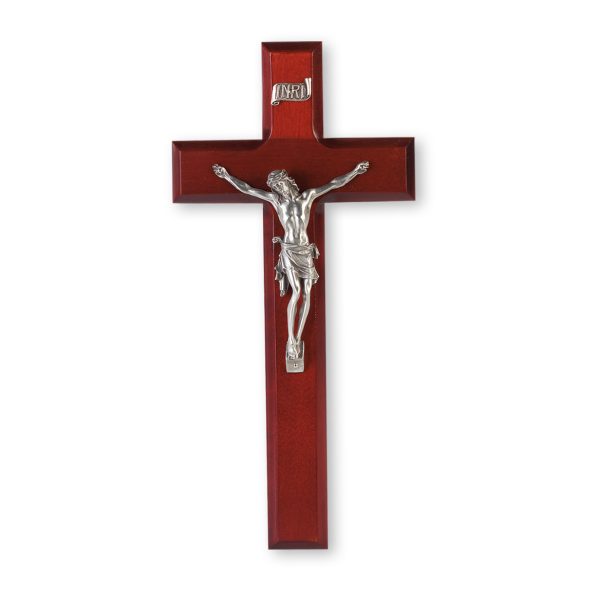 10" Dark Cherry Wood Wall Crucifix with Genuine Silver Pewter Corpus