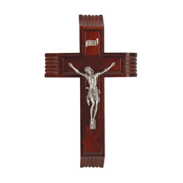 10" Dark Cherry Wood Sick Call Crucifix with Genuine Silver Pewter Corpus