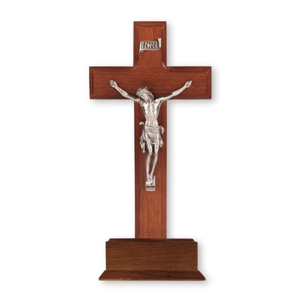 10" Dark Cherry Wood Standing Crucifix with Genuine Silver Pewter Corpus