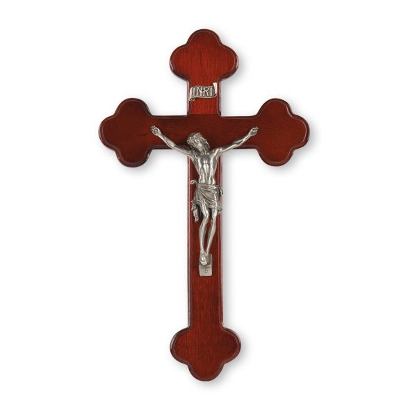 10" Dark Cherry Wood "Latin Style" Wall Crucifix with Genuine Silver Pewter Corpus