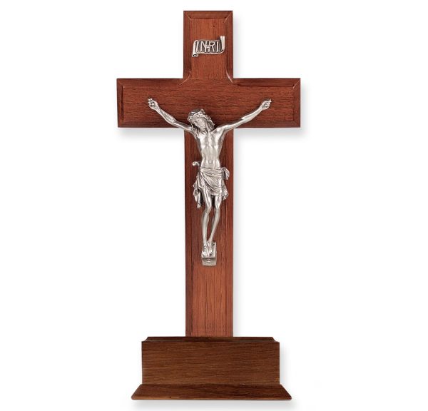 10" Walnut Wood Standing Crucifix with Genuine Silver Pewter Corpus