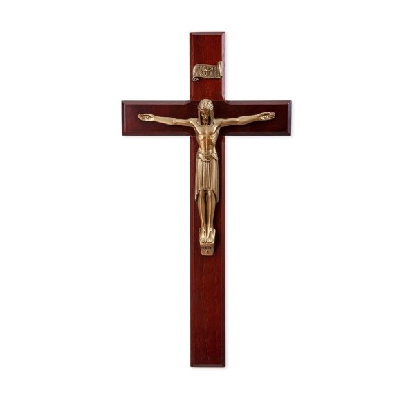 12" Dark Cherry Wood Wall Crucifix with Genuine Bronze Pewter Corpus