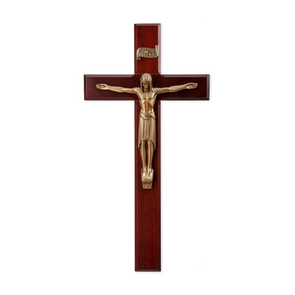 12" Dark Cherry Wood Wall Crucifix with Genuine Bronze Pewter Corpus