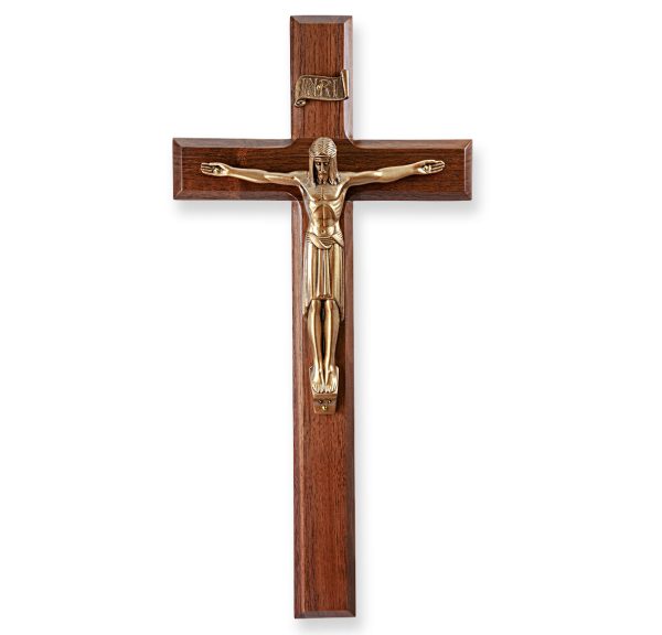 12" Genuine Walnut Wall Crucifix with Genuine Bronze Pewter Corpus