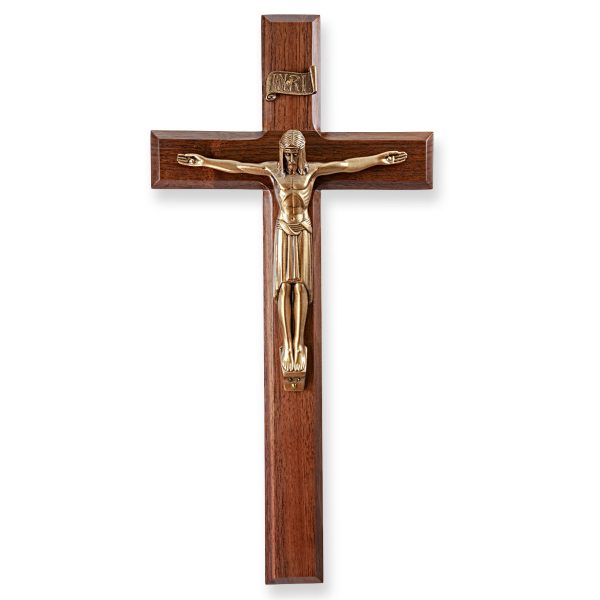 12" Genuine Walnut Wall Crucifix with Genuine Bronze Pewter Corpus