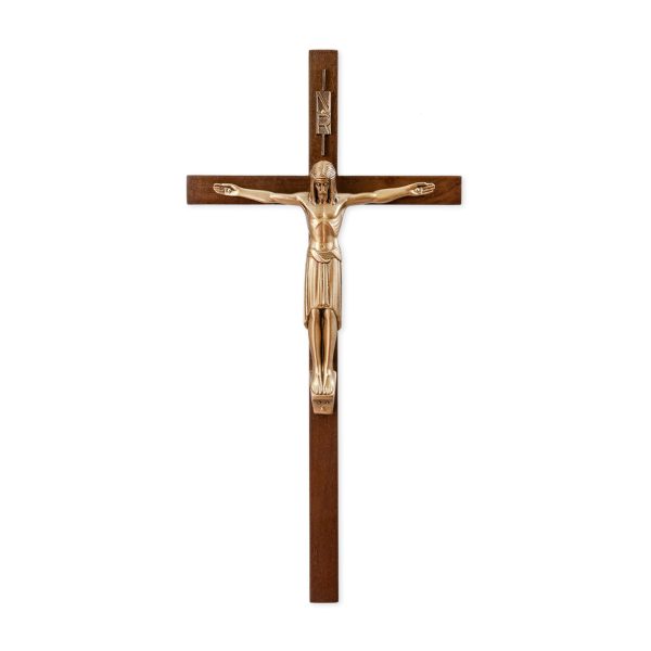 12" Genuine Walnut Wood Wall Crucifix with Genuine Bronze Pewter Corpus