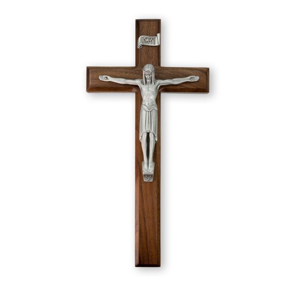 12" Genuine Walnut Wall Crucifix with Genuine Silver Pewter Corpus