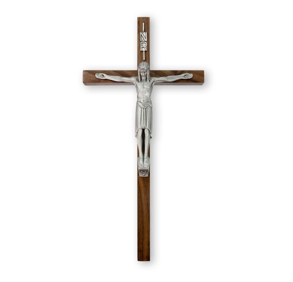 12" Genuine Walnut Wall Crucifix with Genuine Silver Pewter Corpus