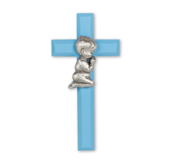 7" Blue Wood Cross with Genuine Pewter Praying Boy