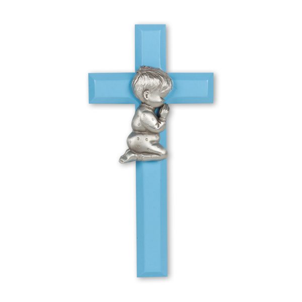 7" Blue Wood Cross with Genuine Pewter Praying Boy