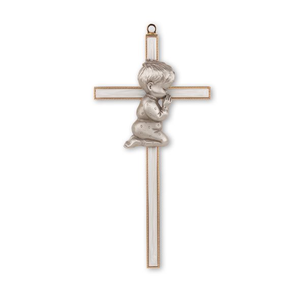 7" Gold Plated Pearlized Cross with Genuine Pewter Praying Boy