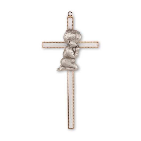 7" Gold Plated Pearlized Cross with Genuine Pewter Praying Boy