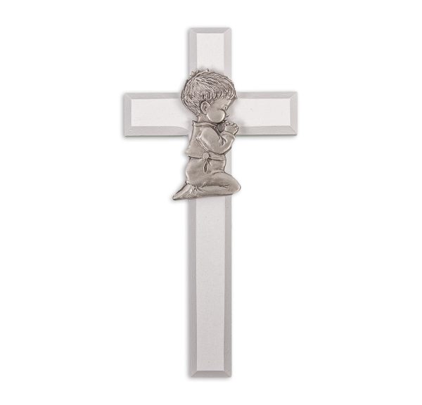 7" White Wood Cross with Genuine Pewter Praying Boy