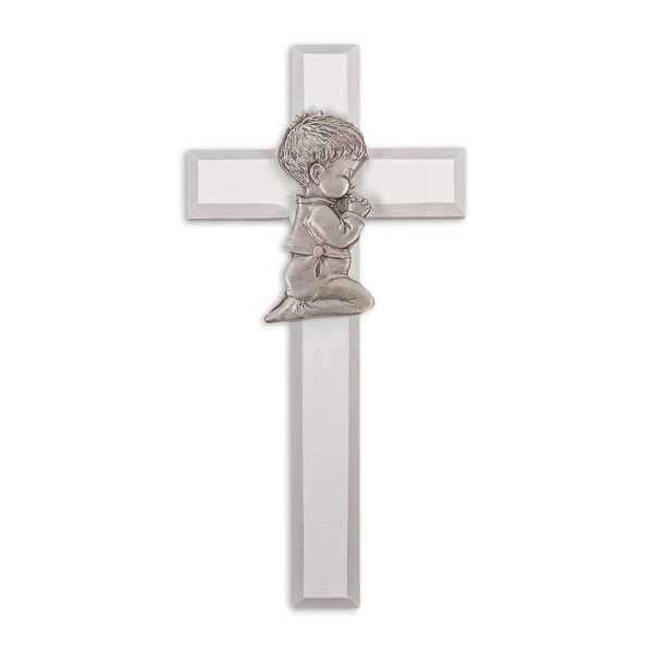 7" White Wood Cross with Genuine Pewter Praying Boy
