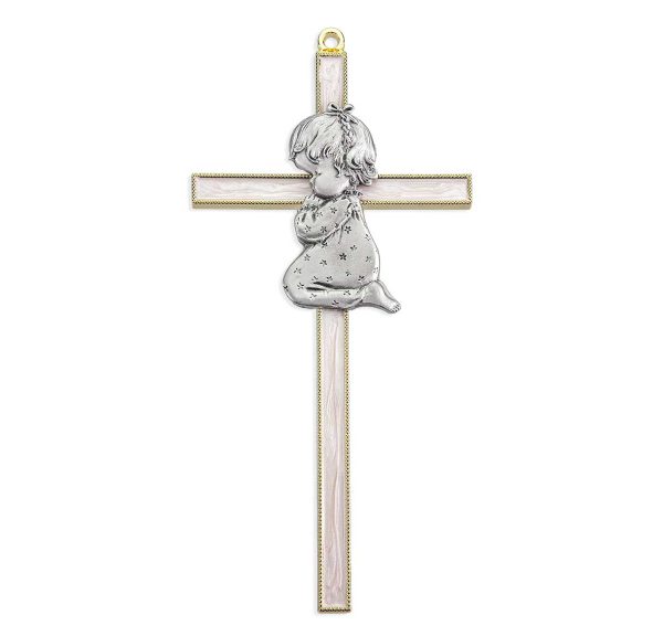 7" Gold Plated Pearlized Cross with Genuine Pewter Praying Girl