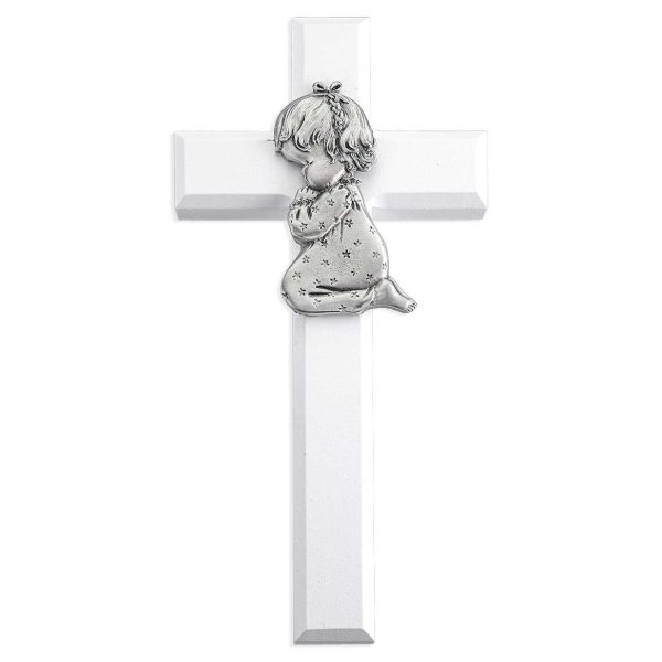 7" White Wood Cross with Genuine Pewter Praying Girl