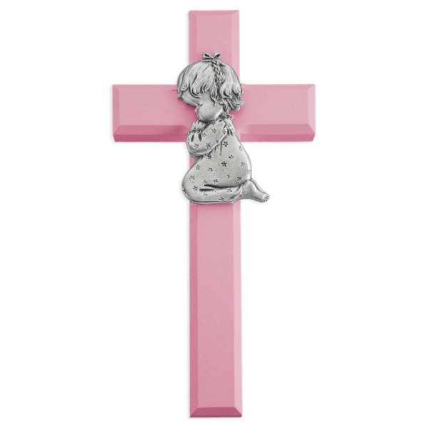 7" Pink Wood Cross with Genuine Pewter Praying Girl