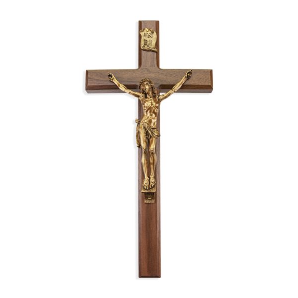 15" Genuine Walnut Wood Wall Crucifix with Genuine Bronze Pewter Corpus
