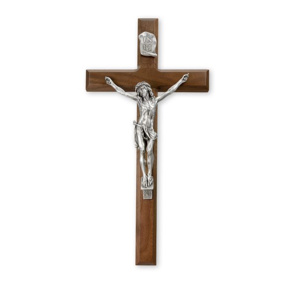 15" Genuine Walnut Wood Wall Crucifix with Genuine Silver Pewter Corpus