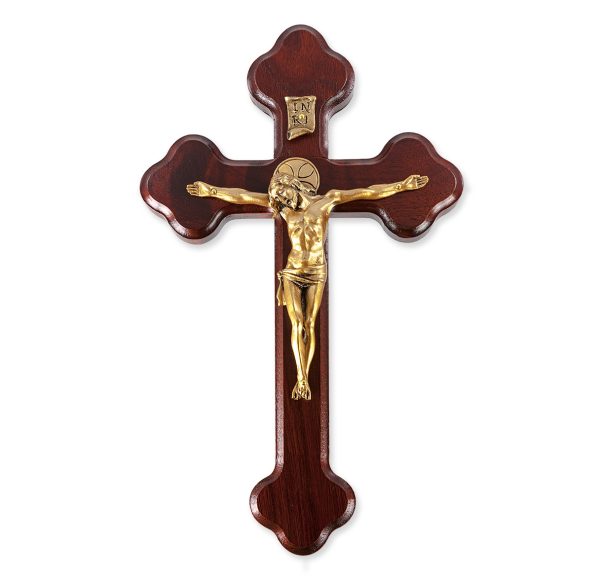 10" Dark Cherry "Latin Style" Wood Crucifix with Genuine Bronze Pewter Corpus