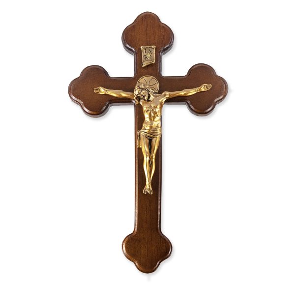 10" Walnut Wood "Latin Style" Wall Crucifix with Genuine Bronze Pewter Corpus