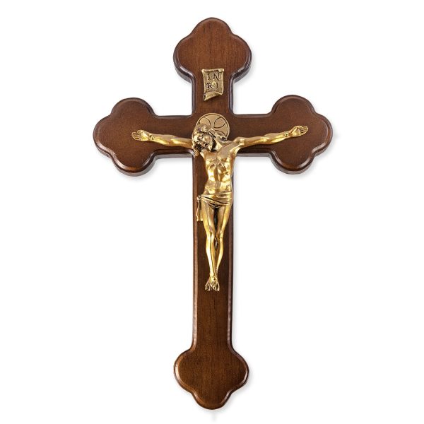 10" Walnut Wood "Latin Style" Wall Crucifix with Genuine Bronze Pewter Corpus