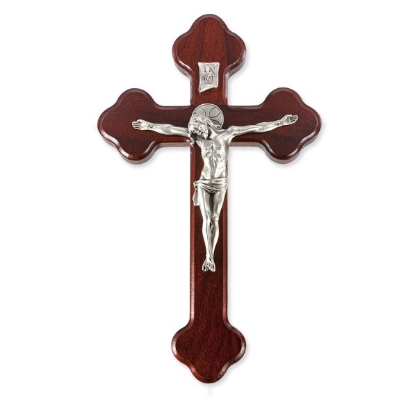 10" Dark Cherry "Latin Style" Wood Crucifix with Genuine Silver Pewter Corpus