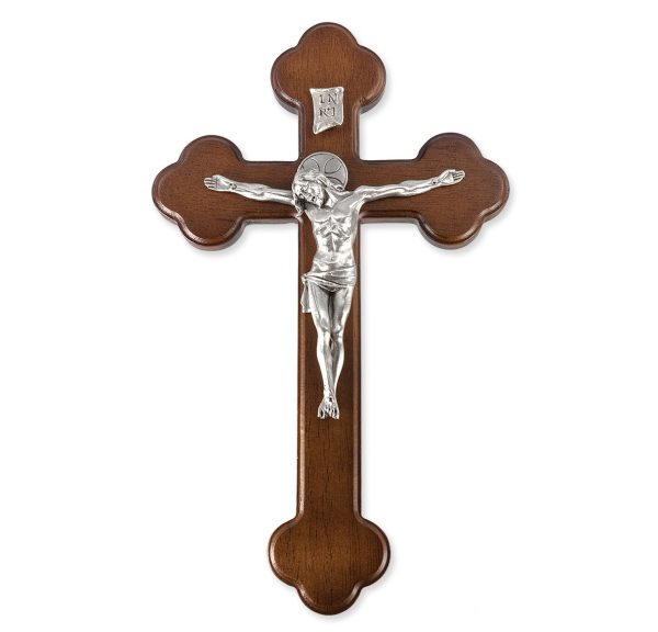 10" Walnut Wood "Latin Style" Wall Crucifix with Genuine Silver Pewter Corpus