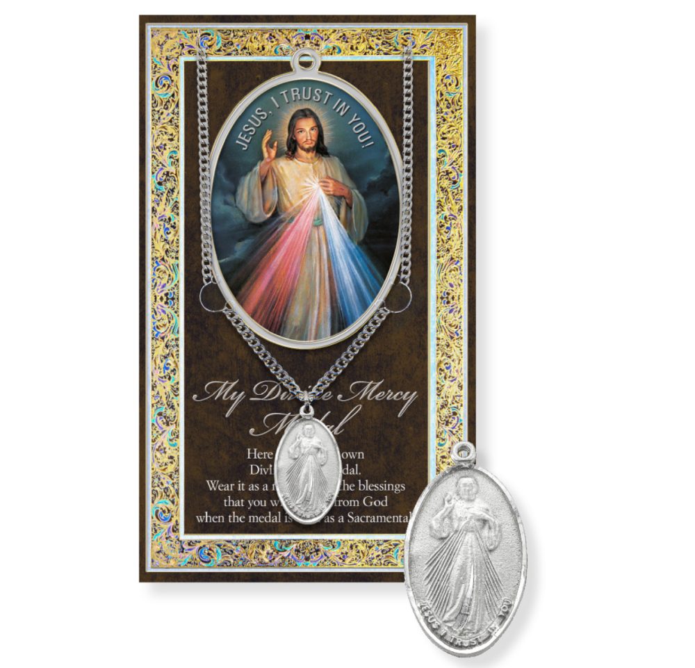 Divine Mercy Genuine Pewter Medal on a 24" Chain with Biography