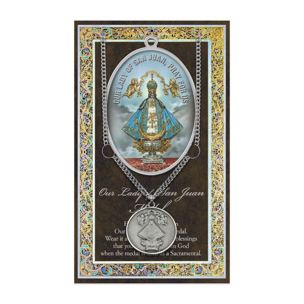 Our Lady of San Juan pewter medal on 18 inch chain with biography and picture folder, Catholic devotional medal